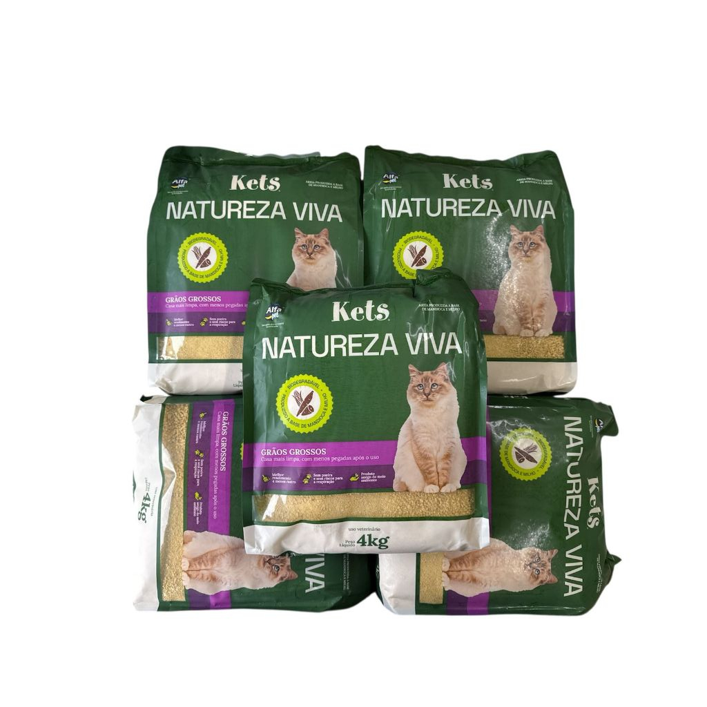 Kit Areia para Gatos Kets Mandioca e Milho Biodegradável Grãos Finos, Médios e Grossos  4kg e 10kg