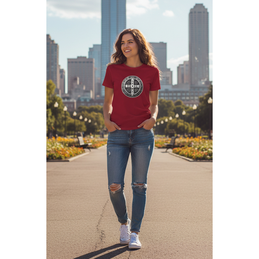Camiseta Unissex Sao Bento Medalha Estampada Religiosa Fe Catolica Confortavel Moda Urbana Chic Luxo