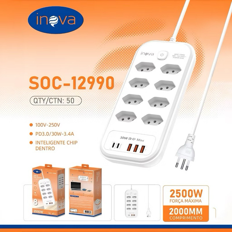 Régua Filtro Inova 10 Tomadas + 5 USB QC PD 30W Carregamento Rápido Type-C 22W Proteção - Extensão