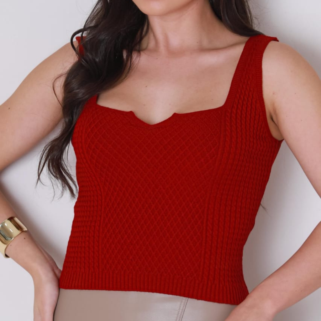Cropped Tricô Blusa Decote Princesa Alça Larga Texturizado Regata Tricot Premium Tamanho único