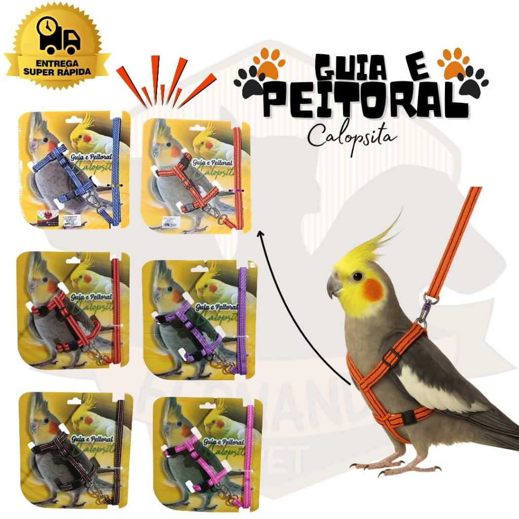 Peitoral para Calopsita com Guia Ajustável | Paitoral para Passáros | Peitoral Papagaio.