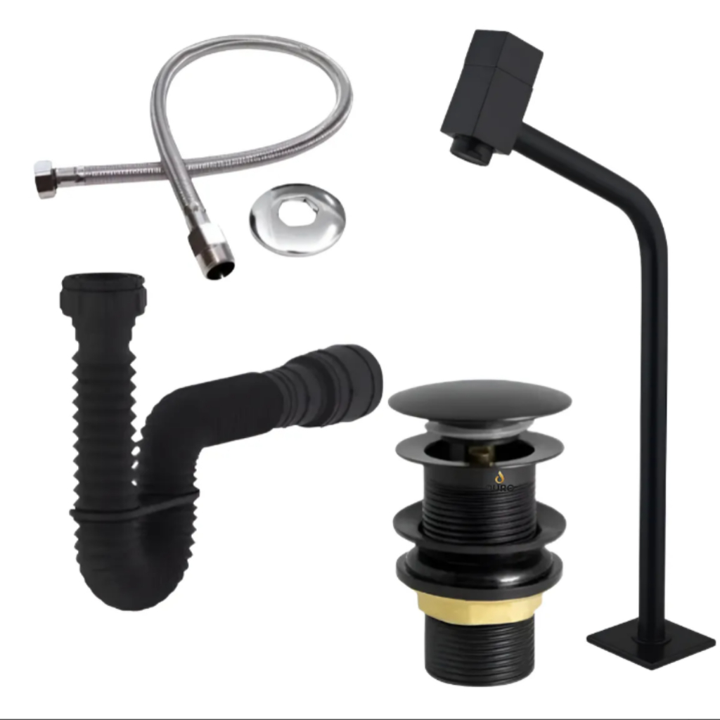Combo Torneira Quadrada Alta Link Válvula Click Sifão Engate Inox para banheiro