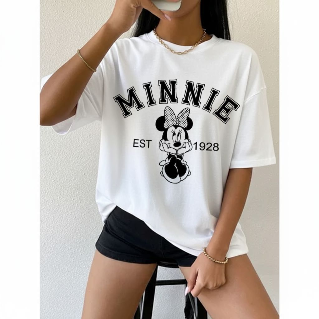 Camiseta Camisa Blusinha Barata Casual 100% Algodão Feminina Fofa Minnie Mickey Personagem Estilo em Oferta na Shopee