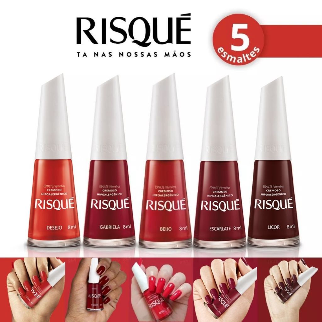 Esmalte Risque Kit com 5 Cores Vermelho Clássico para Manicure Hipoalergenico