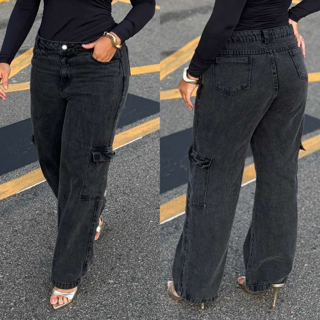 Calça Jeans Cargo Wide Leg Feminina Destroyed Preto em Oferta na Shopee