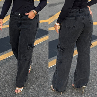 Calça Jeans Cargo Wide Leg Feminina Destroyed Preto