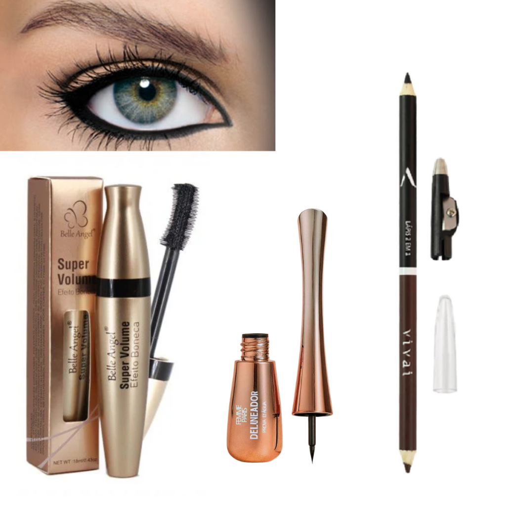 Kit Maquiagem Olhos - Rímel Belle Angel + Delineador Femme Paris + Lápis de Olho 2 em 1 Vivai