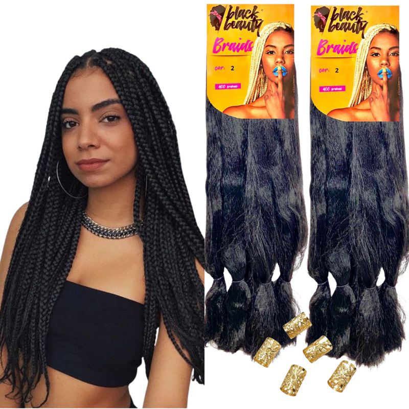 Kit 2 Cabelo Jumbo Preto Cor 2 Para Tranças Box Braids Jumbão Kanekalon Black Beauty 400g + Anéis