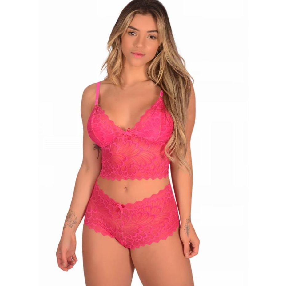 Conjunto de Renda Sexy Shortinho e Top Alças Reguláveis Moda Íntima Feminina Conjunto Espera Marido