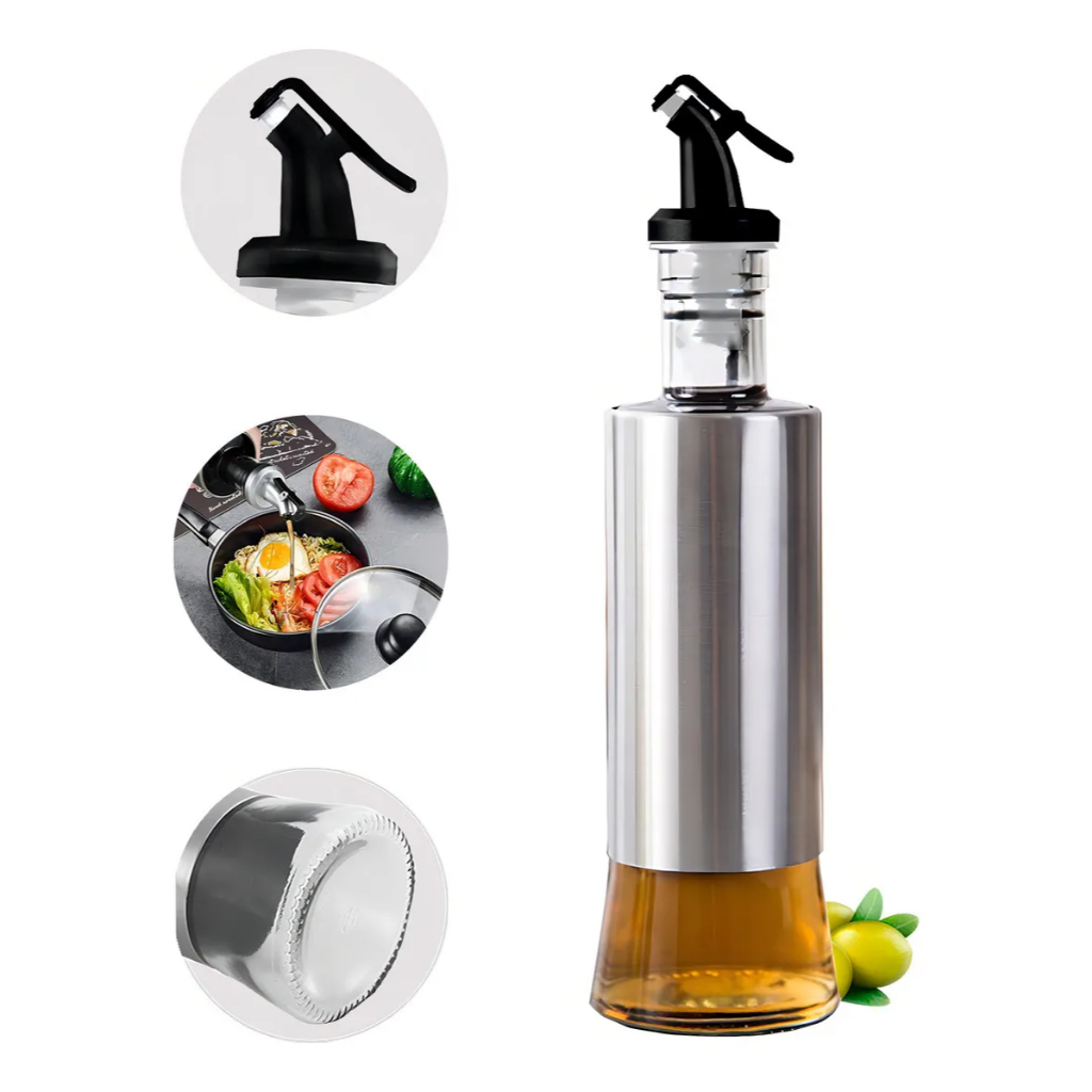 Kit 2 Galheteiros Vidro 300ml Azeite Vinagre Dosador Inox Garrafa Óleo Temperos Cozinha Refil Gourmet