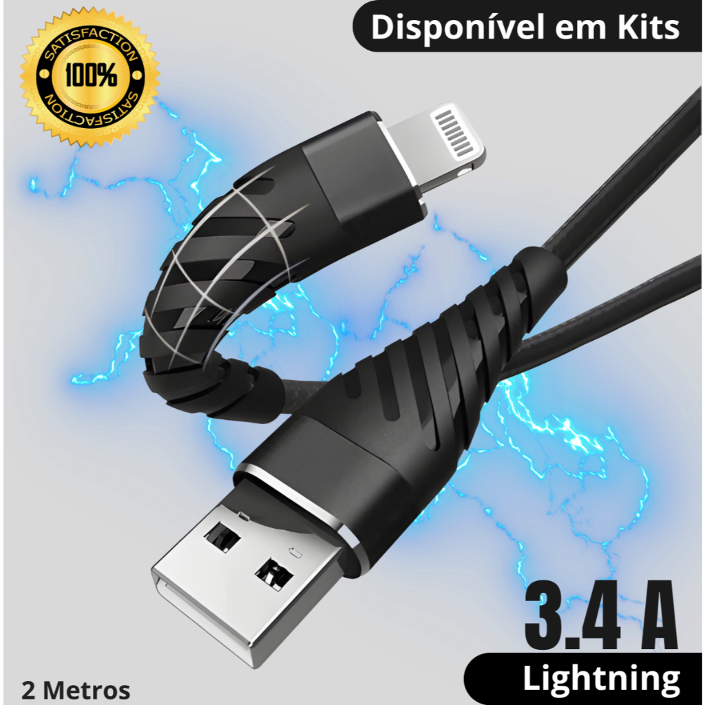 Cabo Carregador Lightning 2 Metros Compatível Com iPhone Original Inova Bazik Reforçado Original Carregamento Rápido