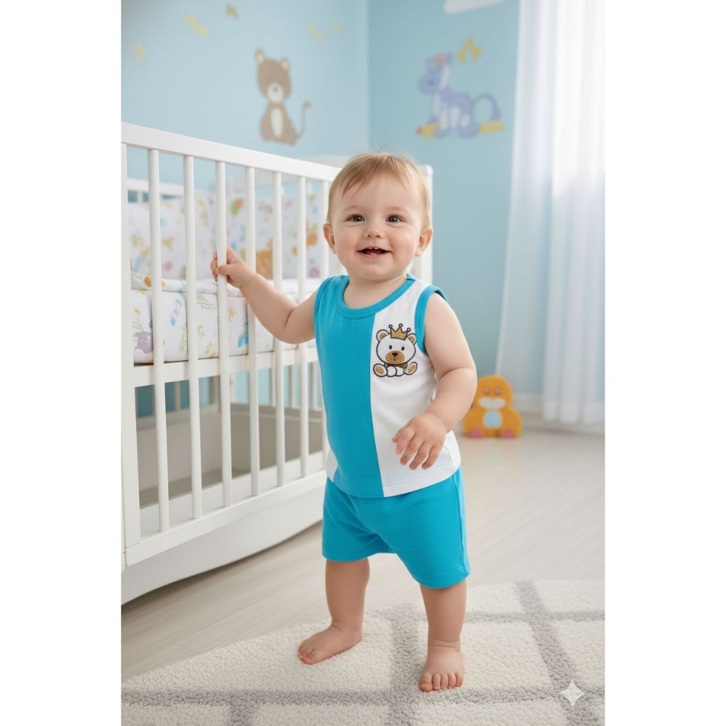 Conjunto Infantil Principe Menino 3 a 6 Meses – Camiseta Branca e Short Azul Algodão - roupa de bebê menino