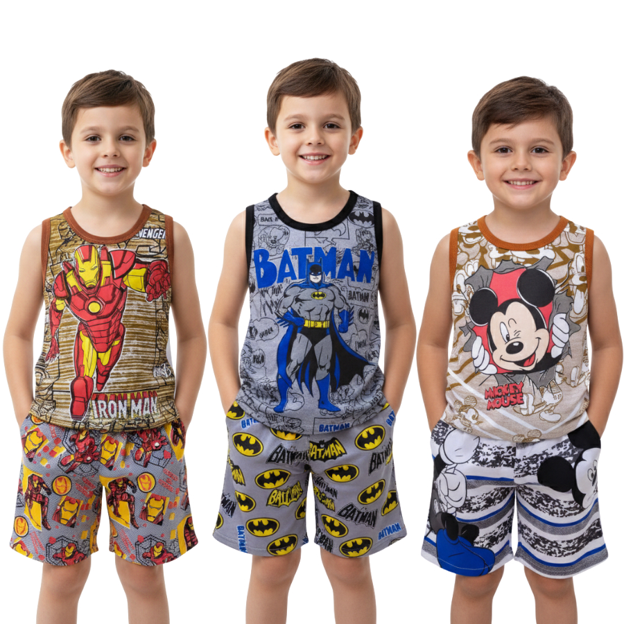 Kit 4 Peças Conjunto Infantil Menino 2 Regata + 2 Bermuda Sortido em Oferta na Shopee