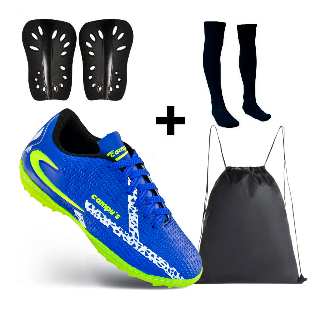 Kit Futebol Completo com Chuteira Society + Caneleira+Meião Sortido+Mochila Bag Esportiva resistente