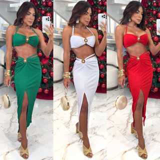 Conjunto Feminino Cropped com Bojo, Saia Midi Forrada e Fenda Lateral, Moda Praia em Oferta na Shopee