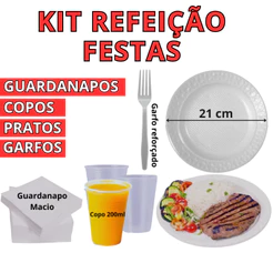 Kit Descartável Refeição Festa Completo com Pratos 21cm, Copos 200ml, Garfos, Guardanapos – Praticidade e Economia