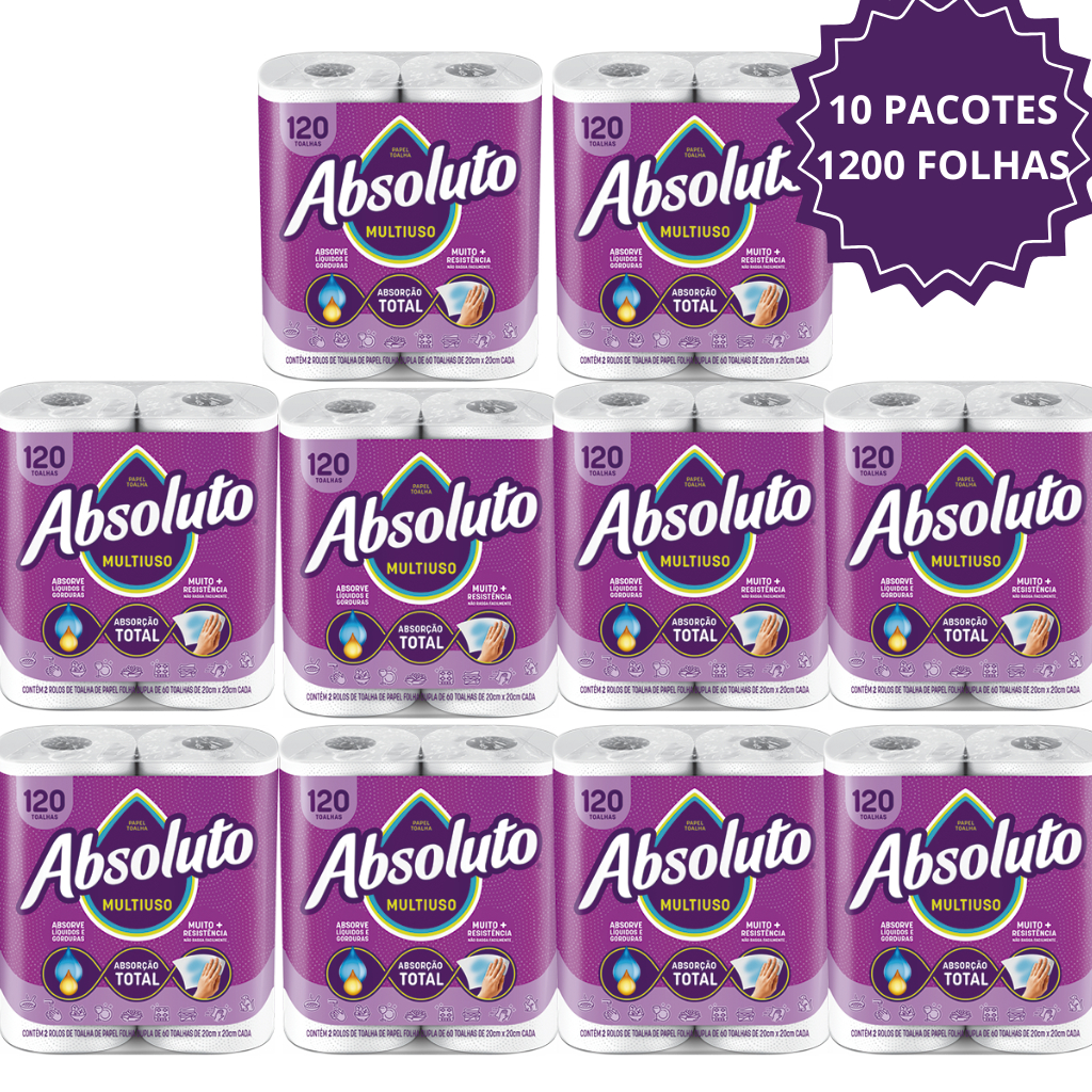 Kit com 10 Pacotes de Papel Toalha Absoluto Multiuso Folha Dupla 20x20cm – 1200 Folhas Totais