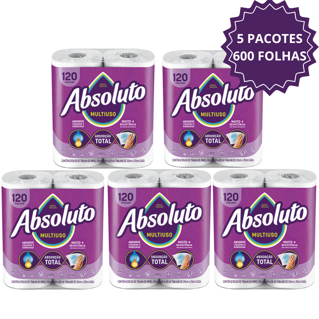 Kit com 05 Pacotes de Papel Toalha Absoluto Multiuso Folha Dupla 20x20cm –  600 Folhas Totais