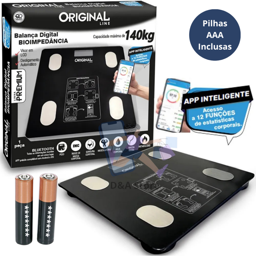 Balança Digital de Bioimpedância Inteligente Alta Precisão Mede Peso Gordura IMC