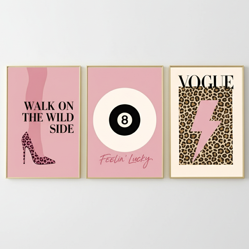 Quadros decorativos Salto Leopardo Vogue Raio Rosa (3 peças)