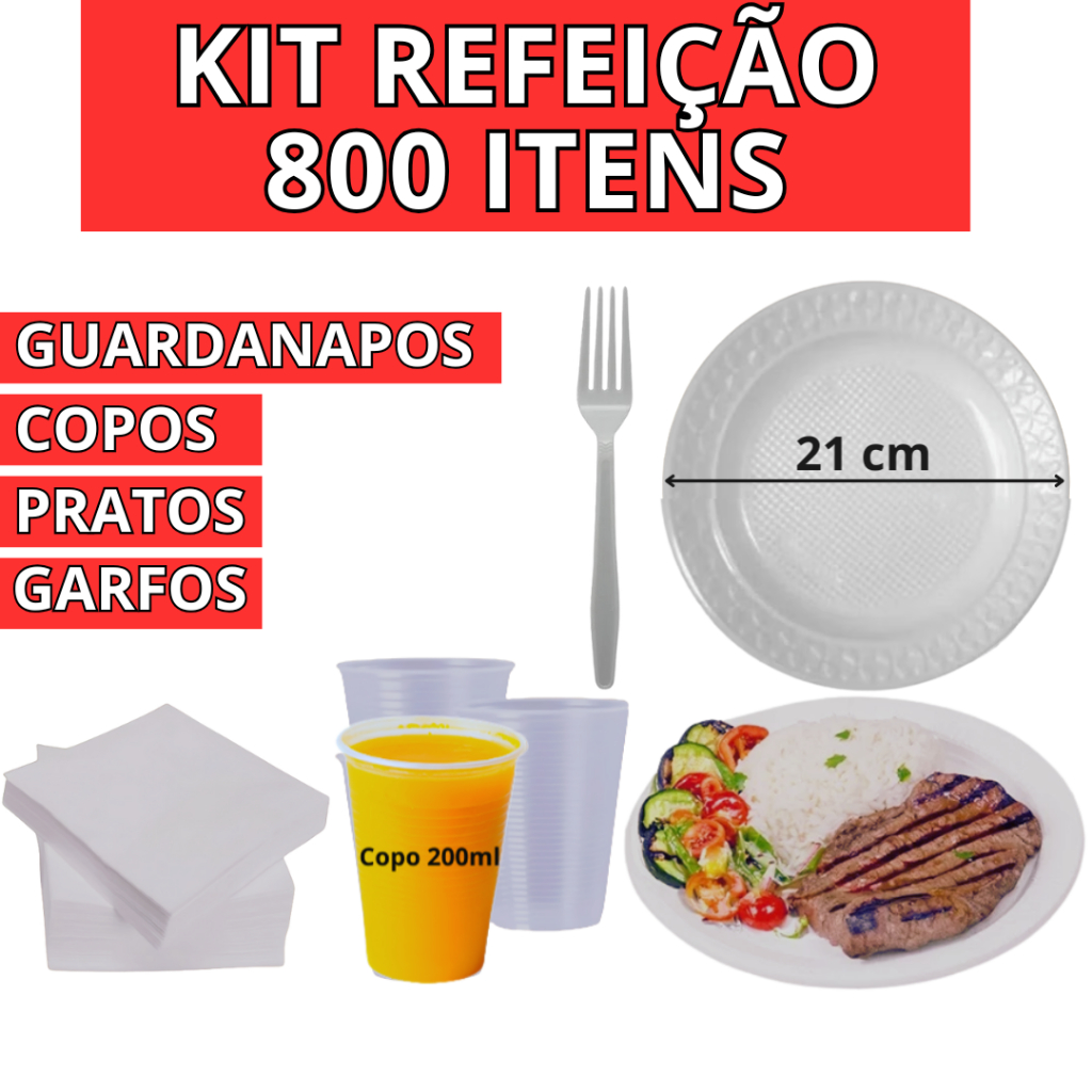 Kit Descartável Refeição Festa Completo com 800 Itens - Pratos 21cm, Copos 200ml, Garfos Refeição, Guardanapos Macio