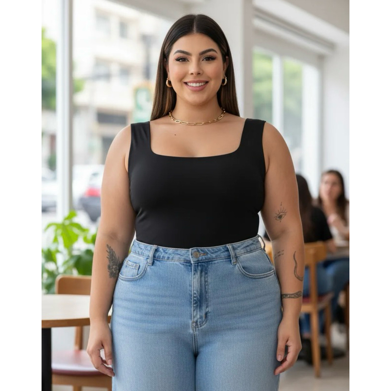Body Plus Size Alça larga Decote Quadrado Feminino