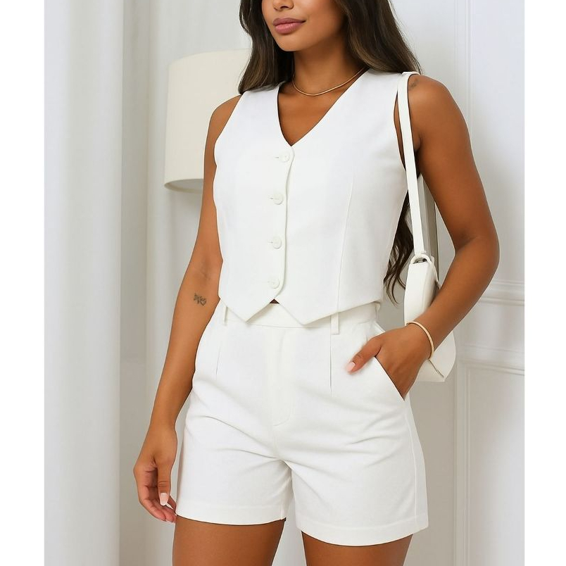 Conjunto Feminino Alfaiataria Luxo - Colete e Short Elegante Chic