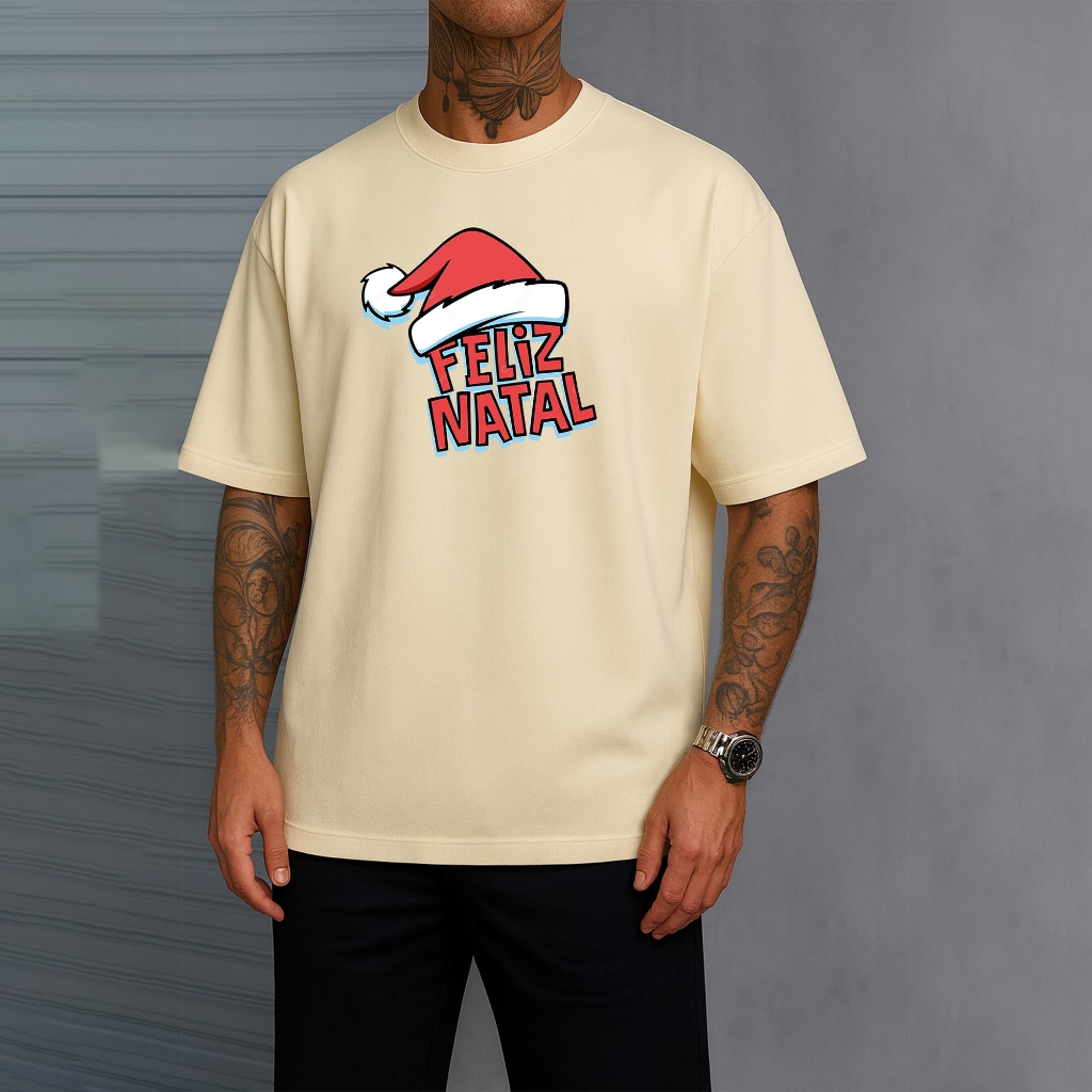 Camiseta Oversized Feliz Natal Touca Gorro Papai Noel Estampada Merry Christmas 333