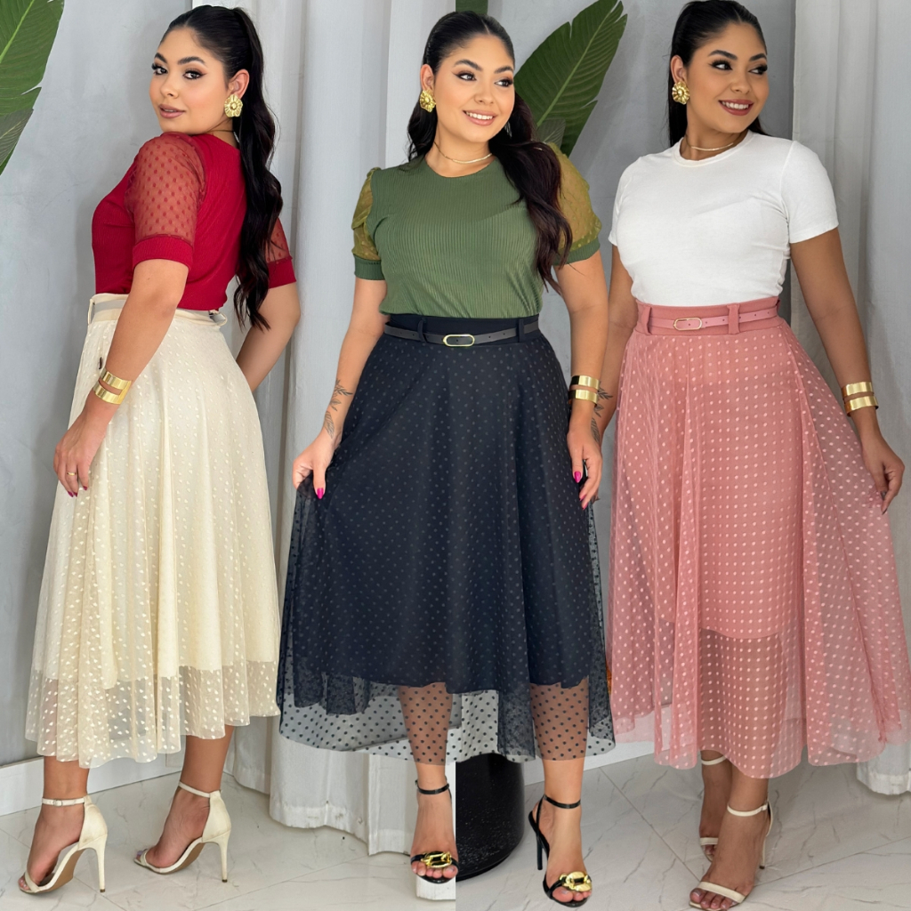 Saia Tule Midi Feminina Longa Longuete Moda Evangelica Casual Forrada Cintura Alta Com Cinto em Oferta na Shopee