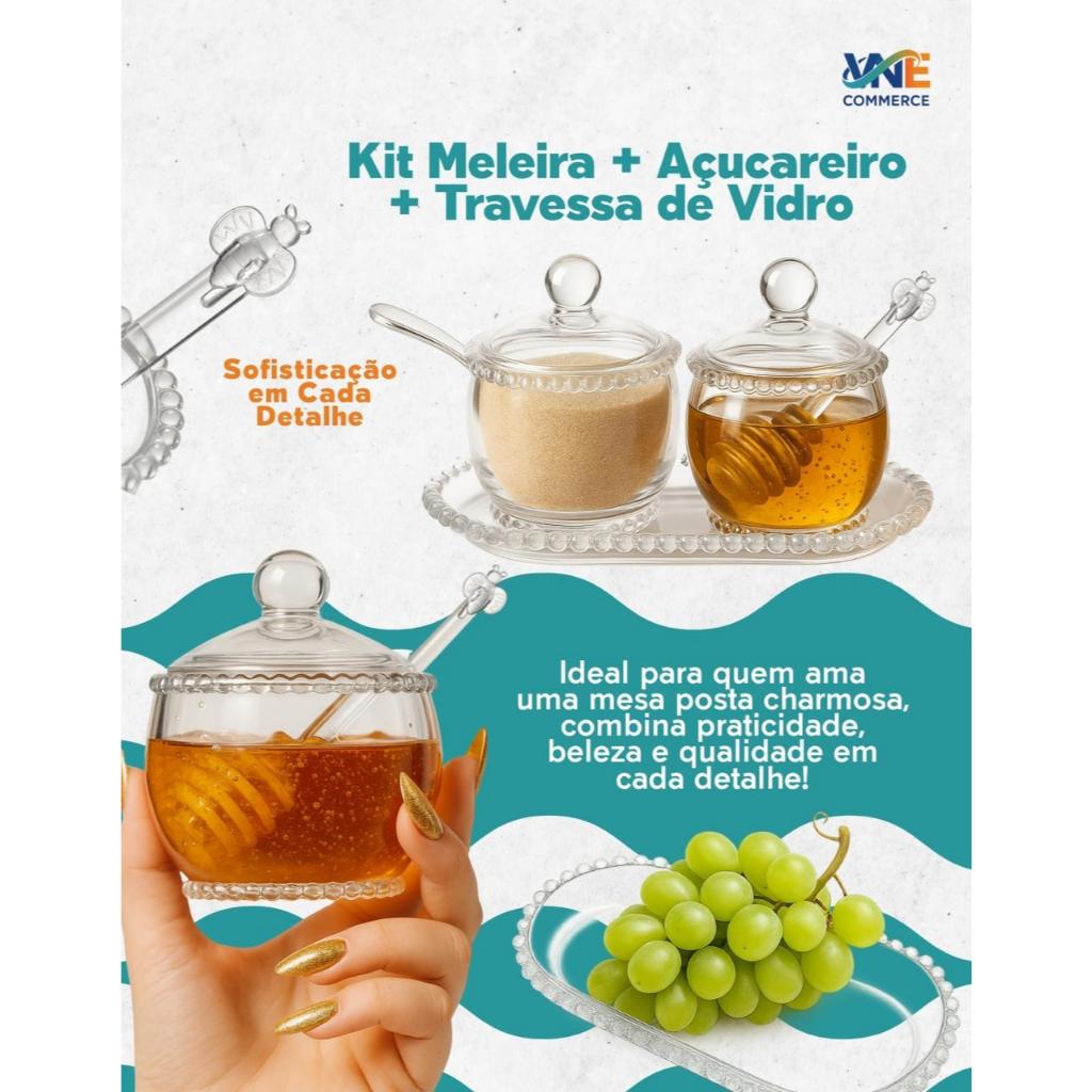 Kit Café da Manhã Meleira, Açucareiro e Bandeja Travessa de Vidro Cristal Pearl Wolff Transparente