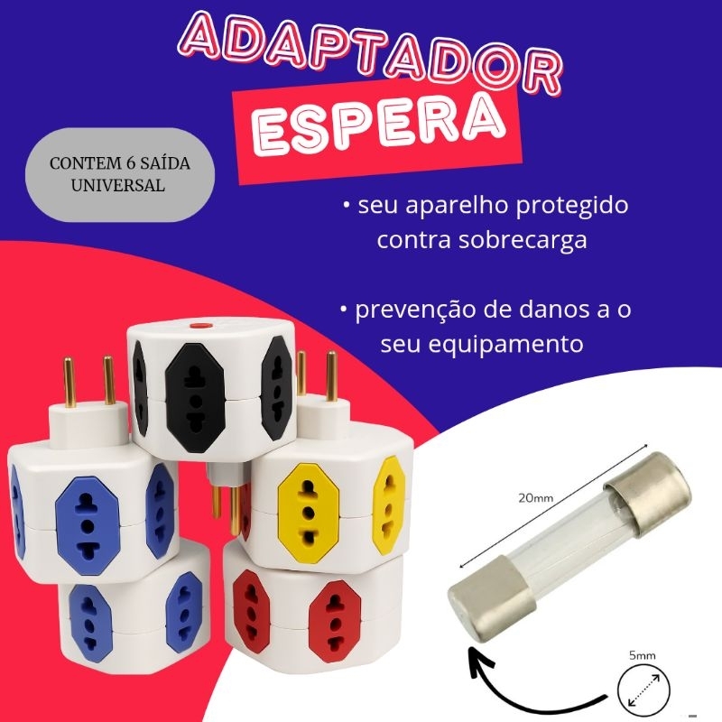 Adaptador Tomada Filtro de Linha Com 6 Saidas Sextavado Esfera 3 Pinos 10A/20A Com Fusível Sem Fio