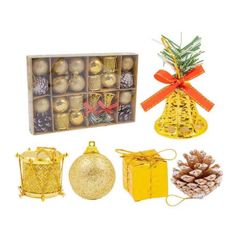 KIT ENFEITES COM 24 PEÇAS | TAM.: 24x16CM | DECORAÇÃO ÁRVORE DE NATAL | NATALINA | CAIXA DE PRESENTE | PINHA BOLA | SINO