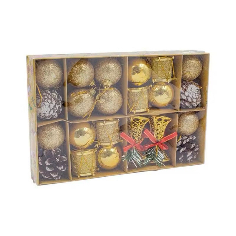 KIT ENFEITES COM 24 PEÇAS | TAM.: 24x16CM | DECORAÇÃO ÁRVORE DE NATAL | NATALINA | CAIXA DE PRESENTE | PINHA BOLA | SINO