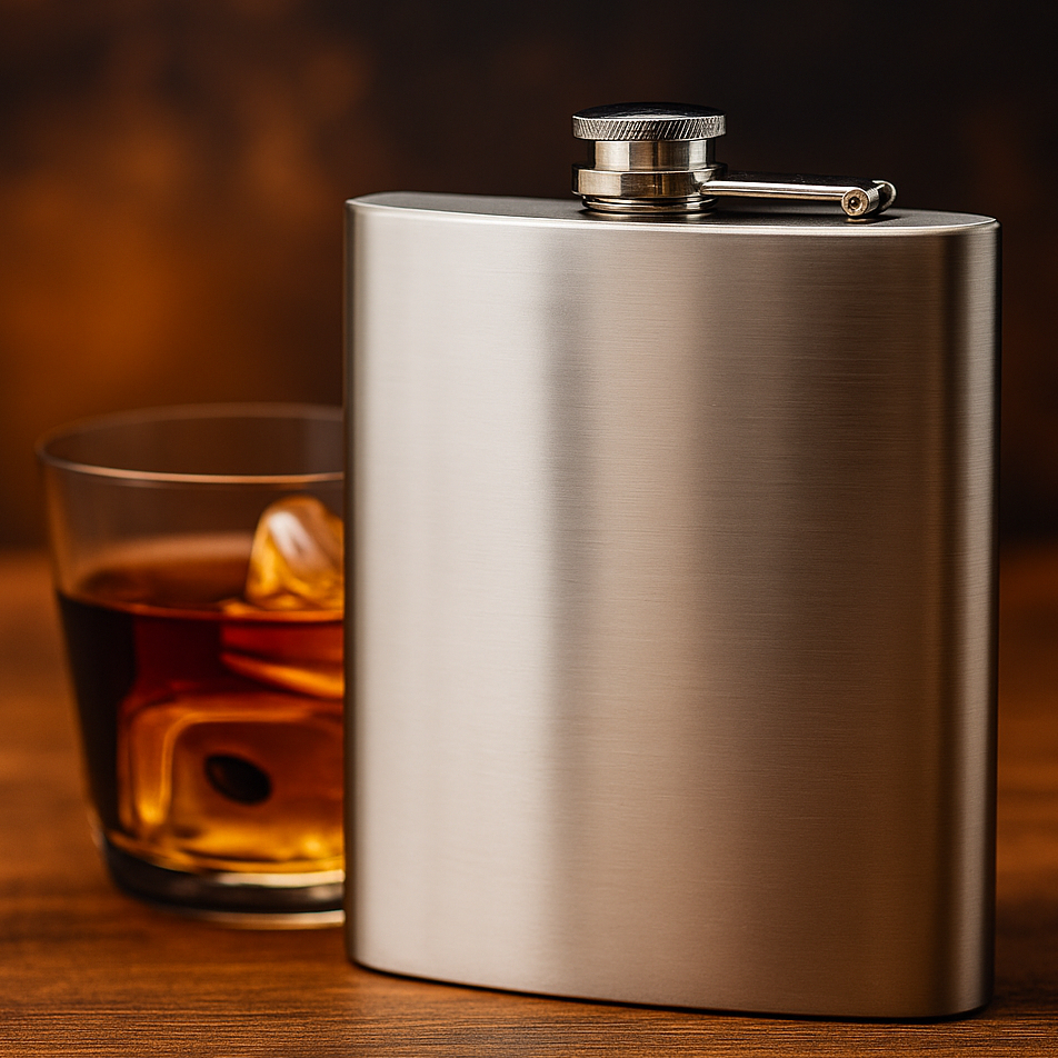 CANTIL PORTÁTIL 160ML AÇO INOX PRATEADO COM TAMPA ROSQUEÁVEL ELEGANTE PARA WHISKY VODKA RUM BEBIDAS.