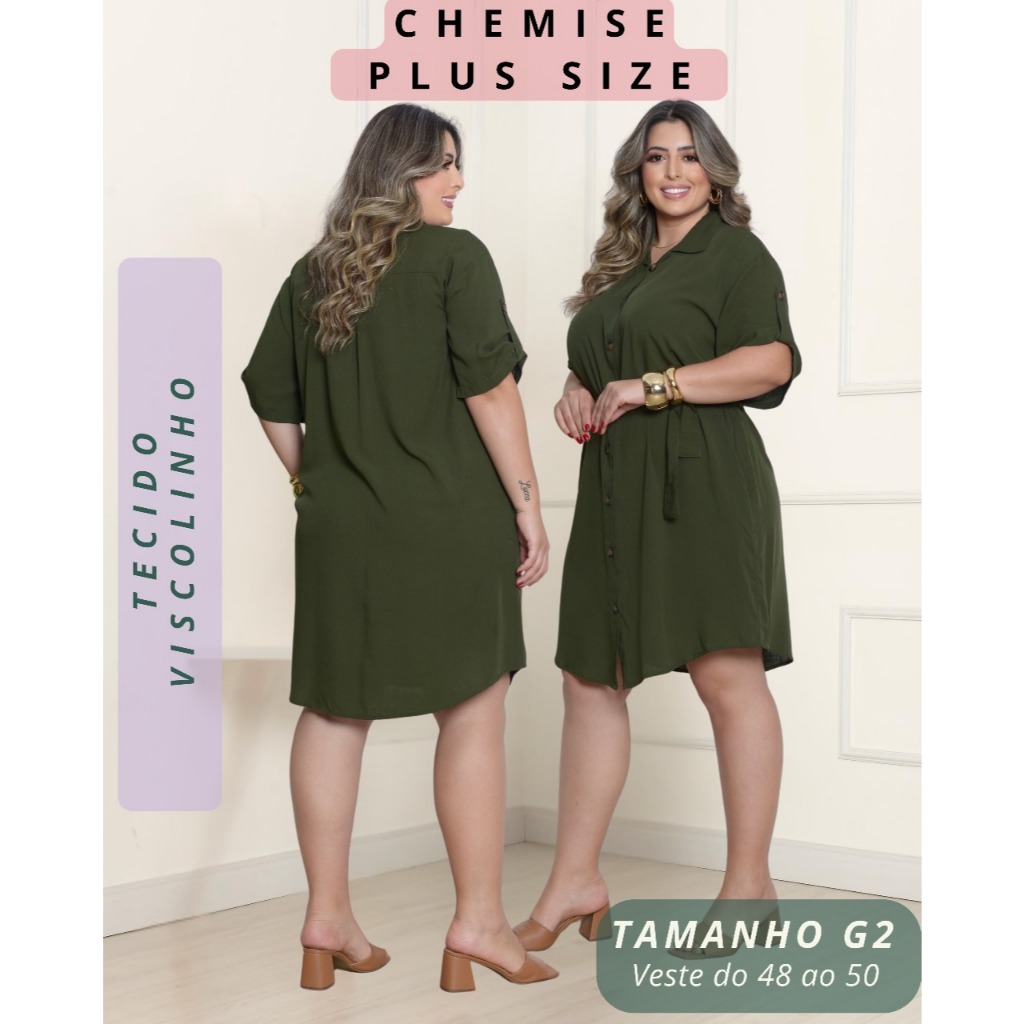 Vestido Chemise Curto Liso Plus Size Moda Verão Fechamento em Botões Ajustável Confortável em Oferta na Shopee