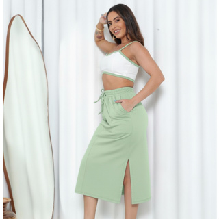 Conjunto Cropped Alça Fina Bicolor + Saia Moletinho Com Bolsos e Cordão Na Cintura em Oferta na Shopee