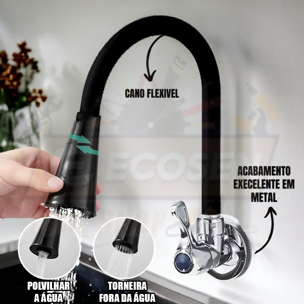 Torneira cozinha parede preta/Prateado flexível Duplo Jato Cone 1/4 de Volta