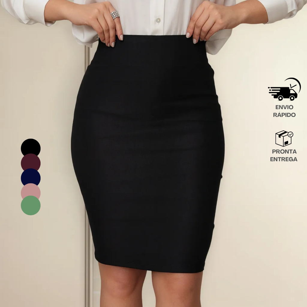 Saia Lápis Feminina Suplex Midi Cintura Alta Look Casual/Office Elegante Confortável