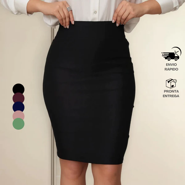 Saia Lápis Feminina Suplex Midi Cintura Alta Look Casual/Office Elegante Confortável