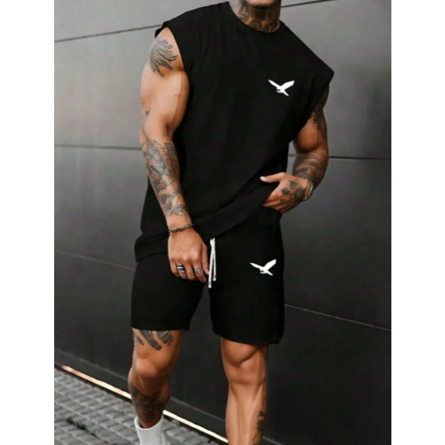 Conjunto Masculino Águia Camiseta Cavada 100% Algodão + Short Tectel Moda Masculina Streetwear Blusa Regata Verão Lançam