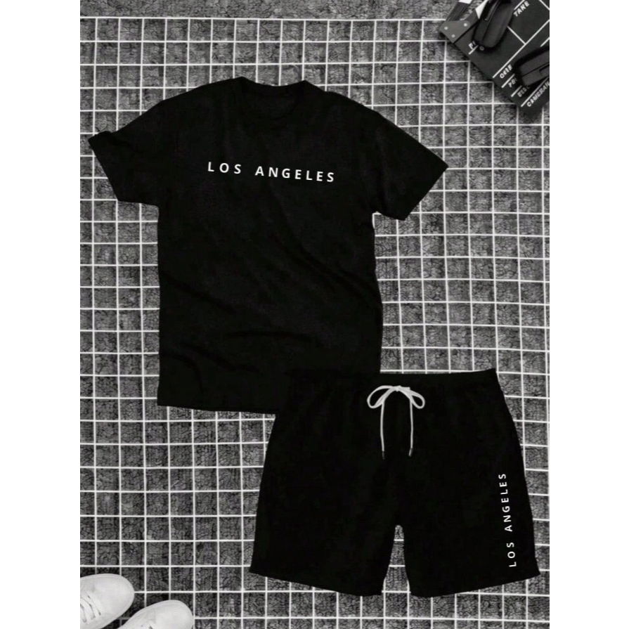 Kit 2 Conjunto Masculino Los Angeles Camiseta + Short Tectel Verão Premium Lançamento