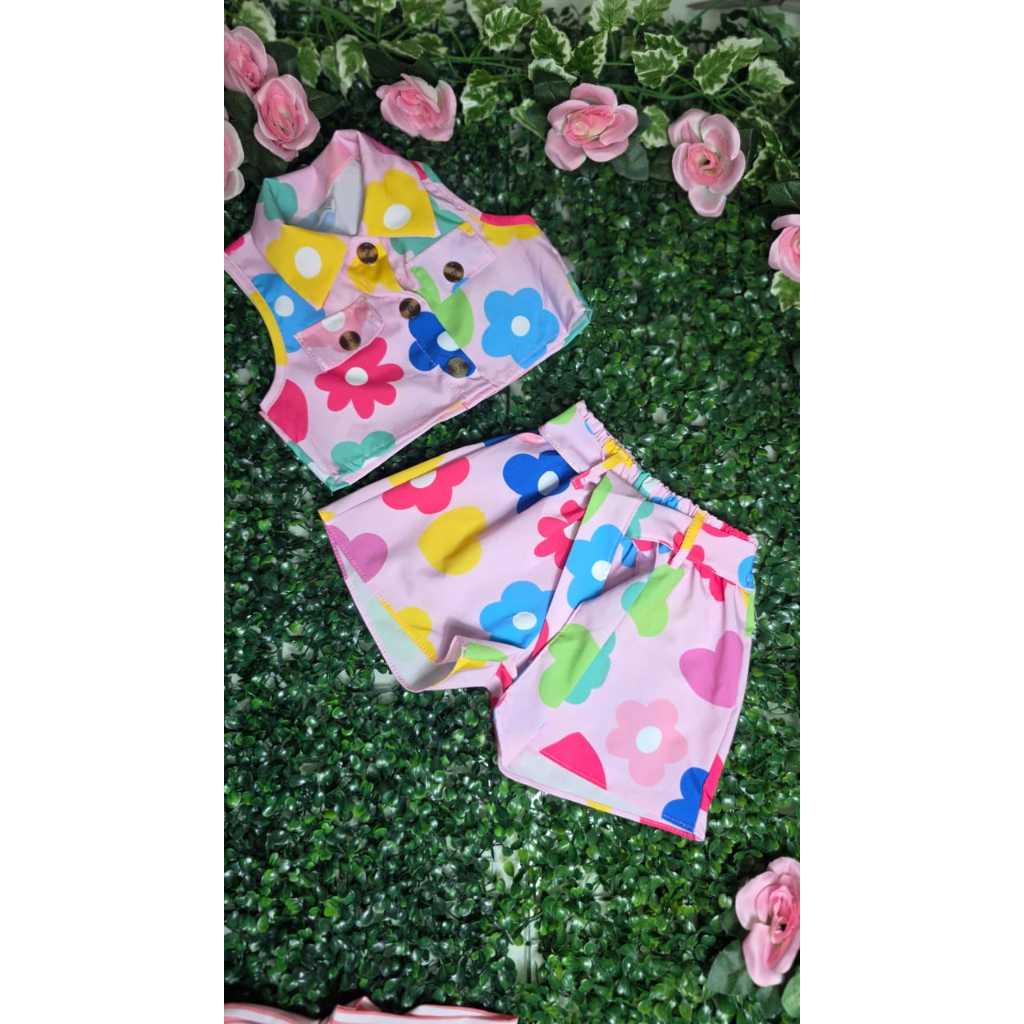 Flor de Lis - Conjunto Infantil Cropped Short Estampa Flores Coloridas 2 ao 10 Verão