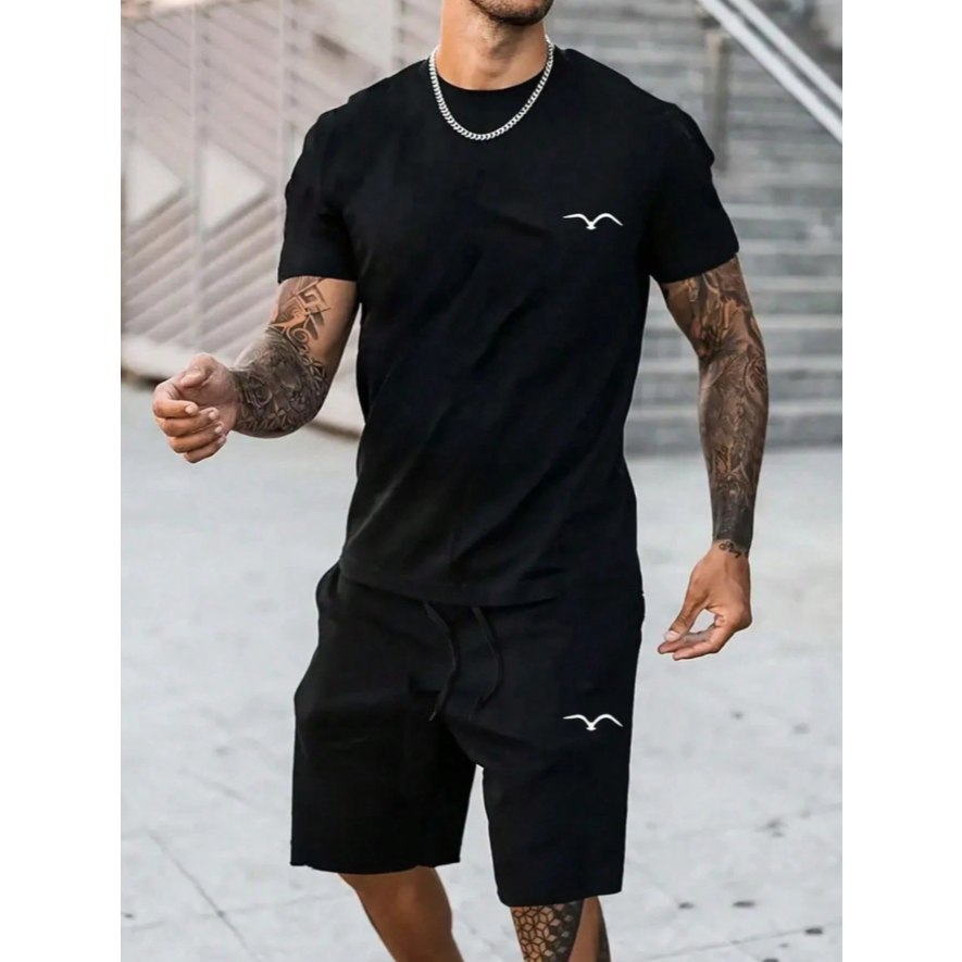 Conjunto Masculino Gaivota Estampa de Pássaro Ave Kit Camiseta 100% Algodão + Short Tactel Masculino Moda Streetwear Kit