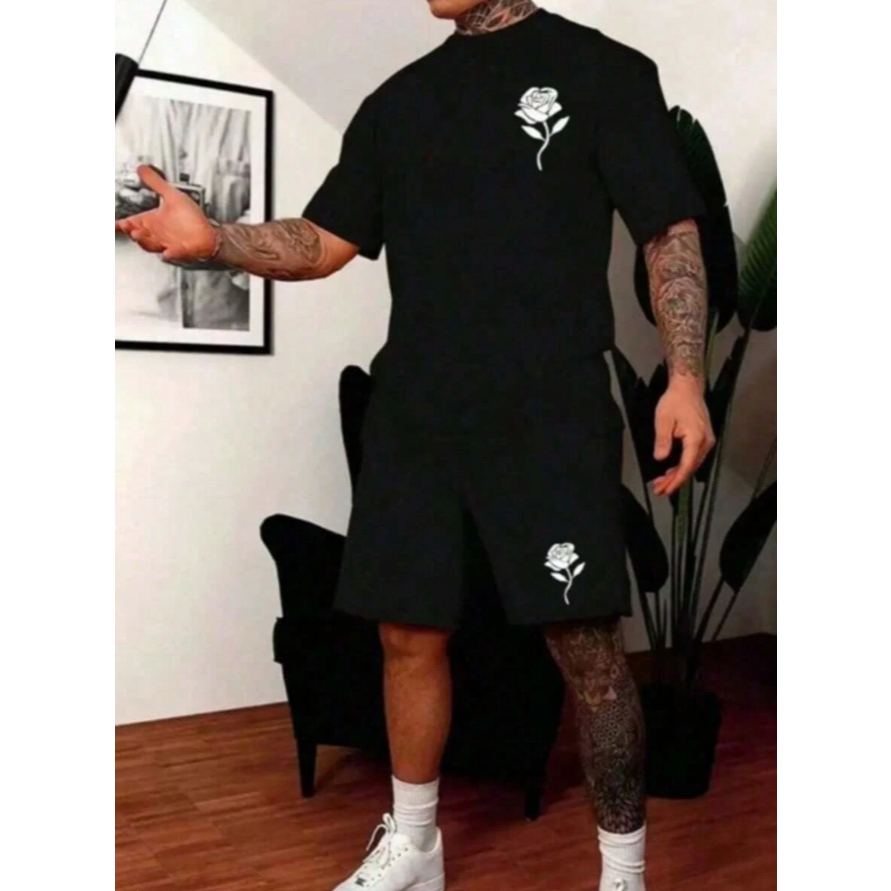 Conjunto ROSA Flor Bco Camiseta e Short Tactel Masculino Bermuda Treino Academia Esporte Fitness Casual