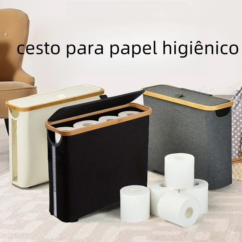 Suporte Cesto De Papel Higiênico De Bambu Com Tampa Para Armazenamento De Armário De Banheiro em Oferta na Shopee