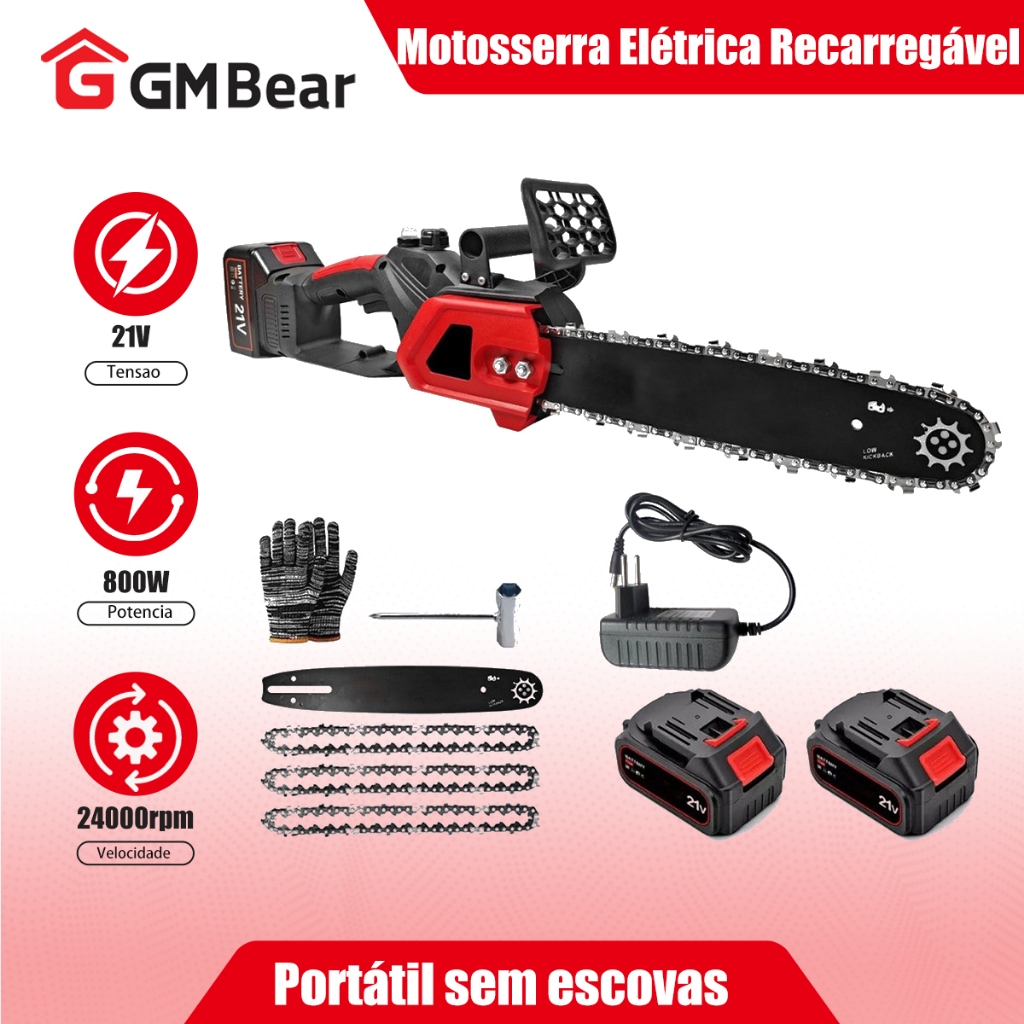 GM Bear Motosserra A Bateria Recarregável 12 Polegadas Serra Elétrica Portátil Brushless​​ 2 baterias 3 Corrente