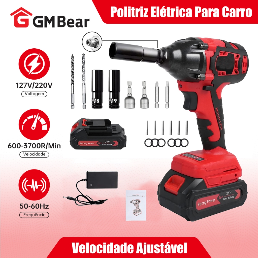 GM Bear Chave De Impacto Sem Fio 21 V, 420 Nm, Kit Parafusadeira, Furadeira, Motor Elétrico Com Velocidades Variáveis em Oferta na Shopee