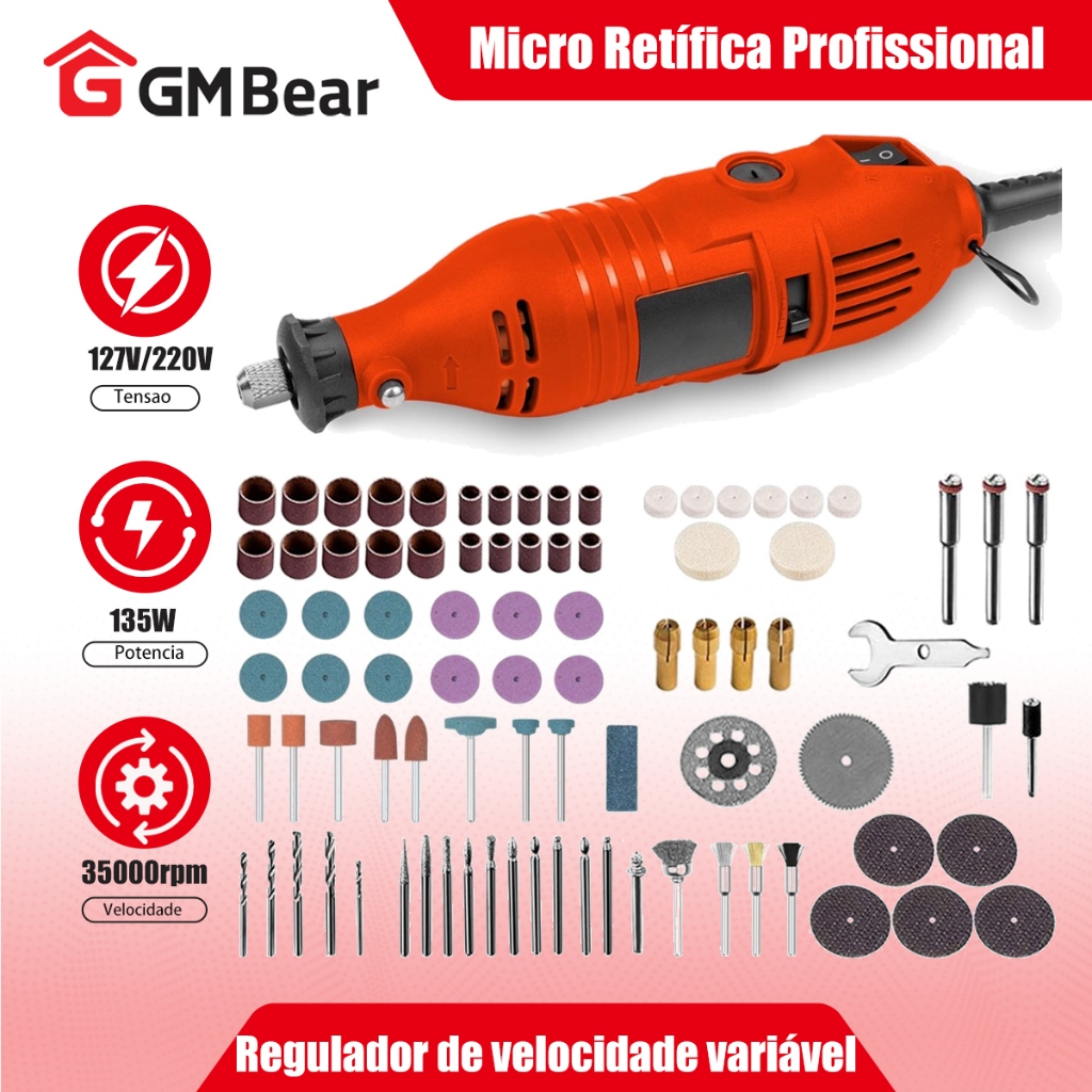 GM Bear Micro Retífica Profissional 5 velocidades 135 W e acessórios para Achatamento/Desbaste & Reparos