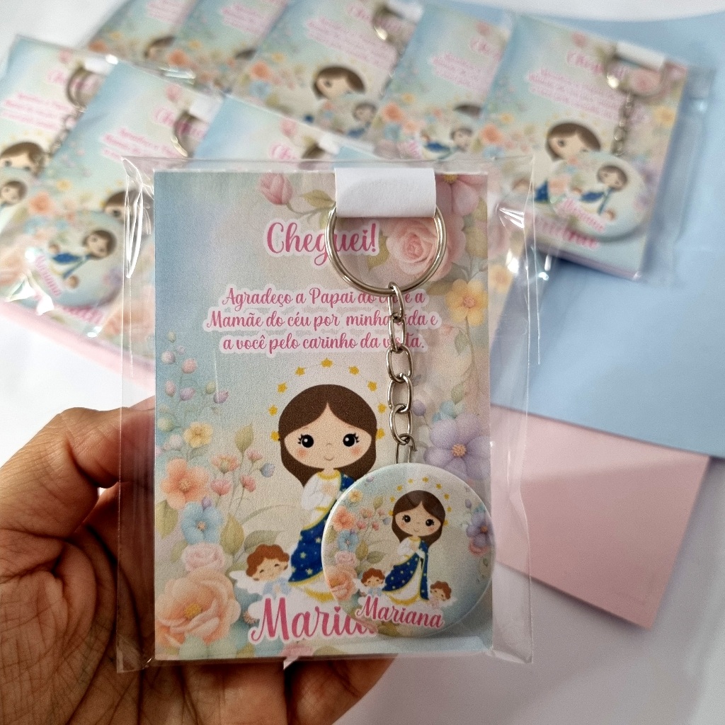 Kit Lembrancinha Maternidade Nossa Senhora da Conceição Bloquinho + Chaveiro Personalizado Nome bebê Nascimento