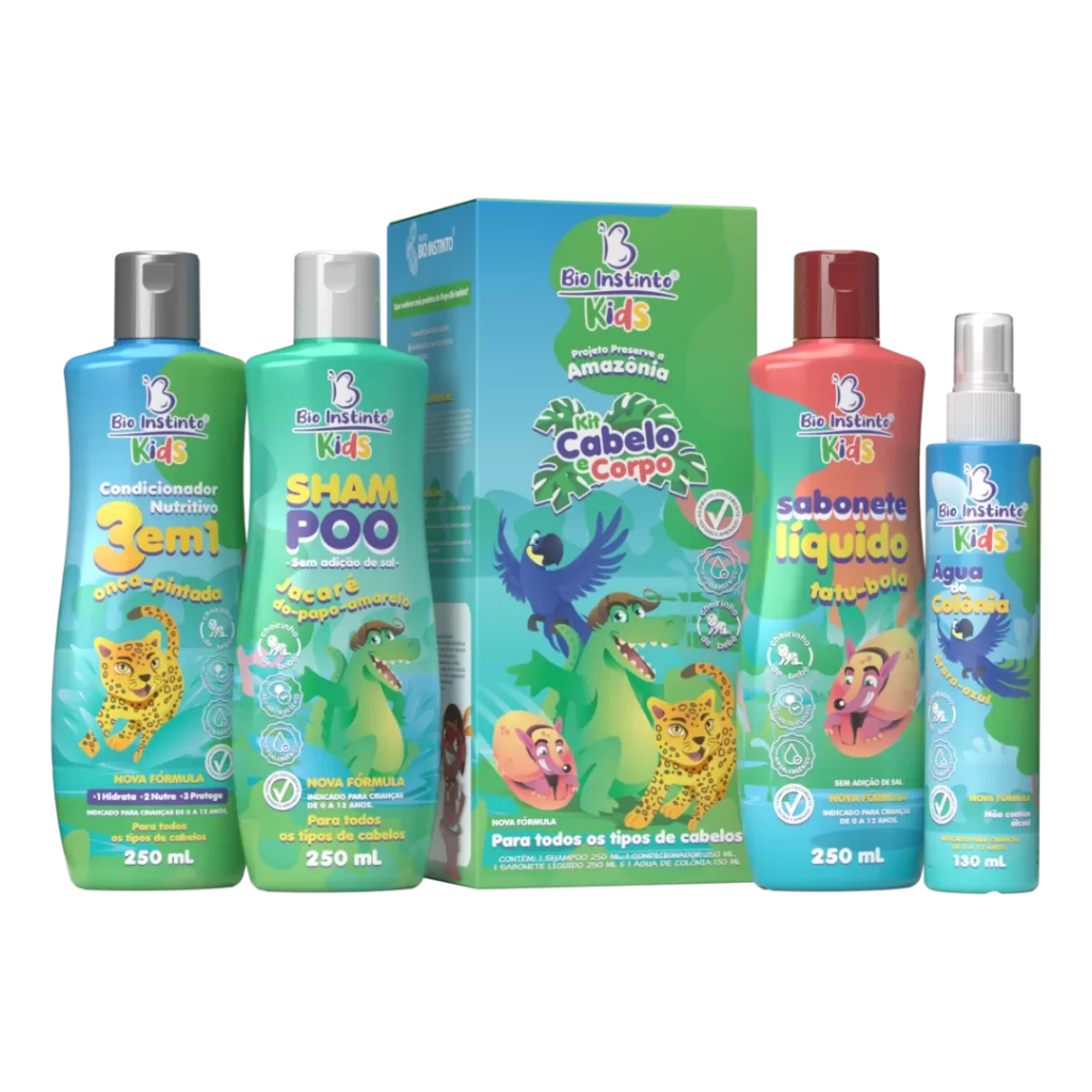 Kit Infantil Cabelo e Corpo Amazônia - Shampoo Condicionador Sabonete Líquido Água de Colônia 4 Itens